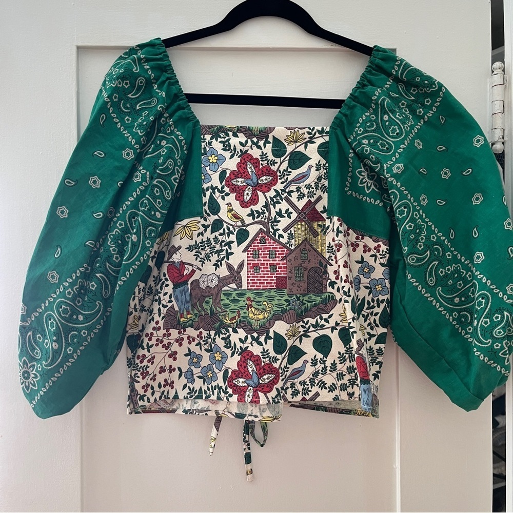 NWT Selina Sanders Handmade Upcycled Tea Towel Top with Bandana Puff Sleeves